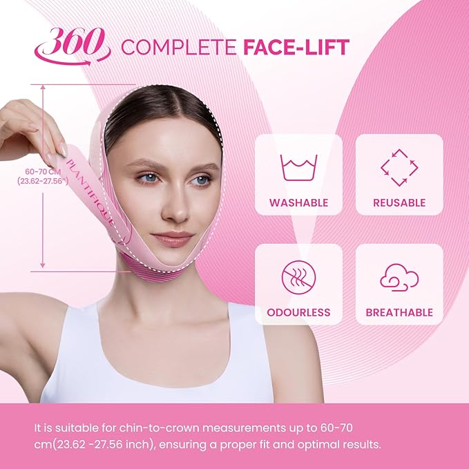 PLANTIFIQUE Chin Strap for Face Contouring - Reusable V Line Ice Silk Fabric Mask - Double Chin Shaping, Adjustable, Breathable Fabric - Jawline Shaper for Women & Men