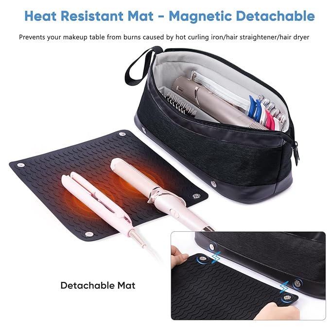2IN1 Hair Tools Travel Bag with Removable Heat Resistant Mat Curling Iron Travel Case, Hair Dryer Organizer for Flat Irons, Straighteners and Haircare Accessories, Hot Tools Travel Bag Hair