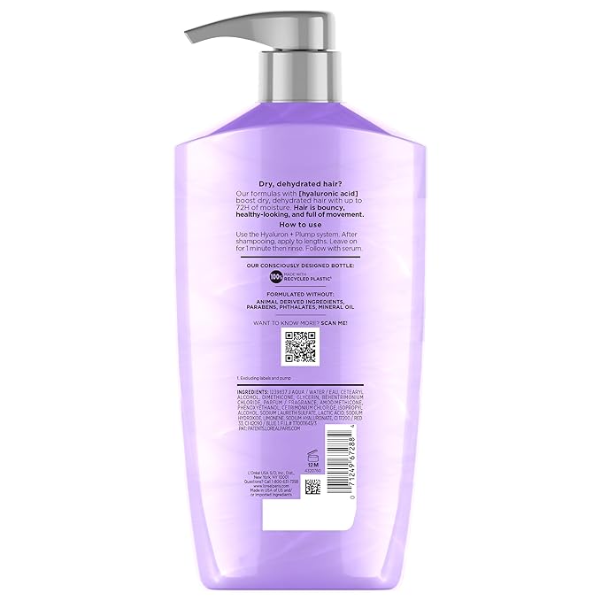 L'Oreal Paris Elvive Hyaluron Plump Hydrating Conditioner for Dehydrated, Dry Hair Infused with Hyaluronic Acid Care Complex, Paraben-Free, 26.5 Fl Oz