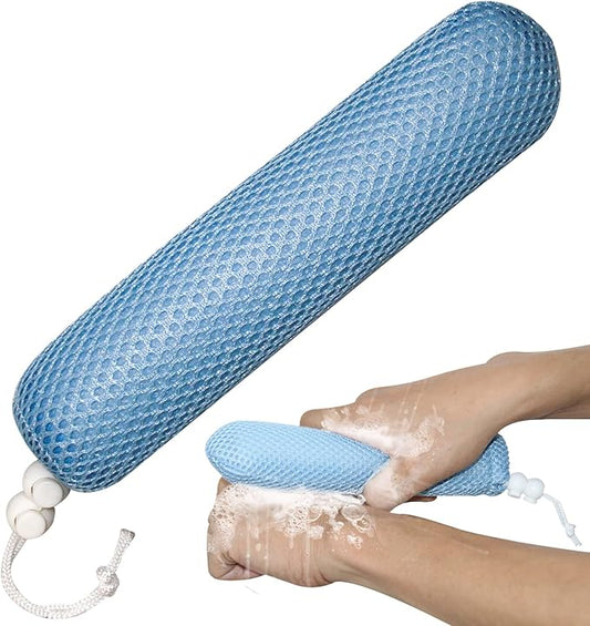 Bath Brush Head with Sponge,Back Scrubber Bath Mesh Bath Body Brush Head for Elderly Aid Bathing and Shower (Blue Head)