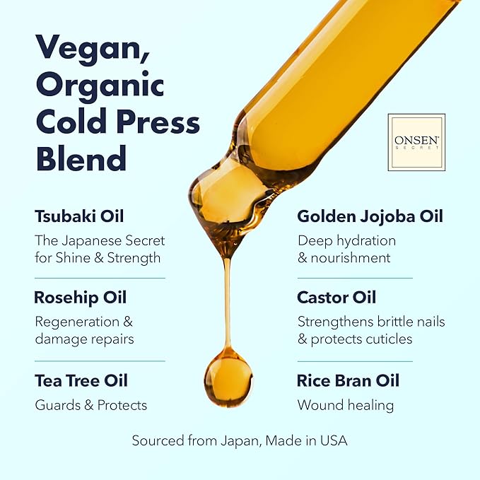Onsen Secret Nail & Cuticle Repair Oil (2x30ml) - Dry Oil Formula - Japanese Tsubaki, Tea Tree & Jojoba - Strengthens Nails, Repairs Cuticles, Hydrates Skin & Hair - Natural & Vegan
