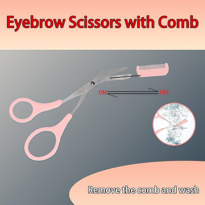 Eye brow Trimmer, 2 - in - 1 Eyebrow Trimming Set with Comb, Stainless Steel Professional Eyebrow Clipper, Eyebrow Grooming Tools for Women and Men, Beauty Accessory Tools (3 Pack) (Pink)