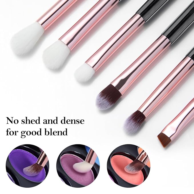 Eye Makeup Brush Set, 6 Pcs Professional Blending Eyeshadow Makeup Brushes for Concealer Eyebrows Eyeliner, Soft Hairs & Wood Handle (black and rose gold)…
