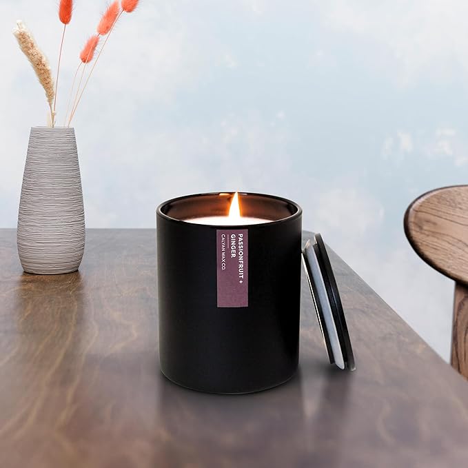 Calyan Wax Co. Passionfruit & Ginger Scented Candle - 75 Hour Burn - Luxury Non Toxic Soy Wax Candles - Long Lasting Black Tumbler Jar Candle for Home - 10.2oz