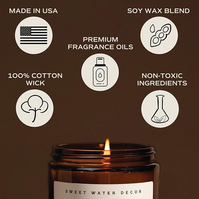 Sweet Water Decor Warm and Cozy Candle | Pine, Orange, Cinnamon, and Fir Balsam Winter Scented Soy Candles for Home | 9oz Amber Jar with Black Lid, 40 Hour Burn Time, Made in The USA