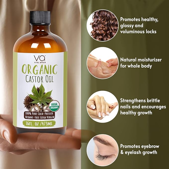 Pure Castor Oil Organic Cold Pressed Unrefined Glass Bottle-USDA Certified for Castor Oil Pack Wrap for Face,Hair Growth,Eyelashes,Eyebrows-16oz