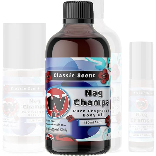 WagsMarket - Nag Champa Perfume Oil, from 0.33oz Roll On to 4oz Glass Bottle (4oz Glass Bottle)