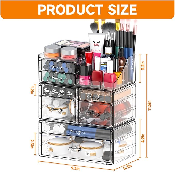 Cq acrylic Clear Make up Organizers for Vanity,Skincare Organizer With 8 Drawers for Dresser,Plastic Cute Desk Accessories Organization and Bathroom Organizers Storage Case Box for Beauty,Skin Care