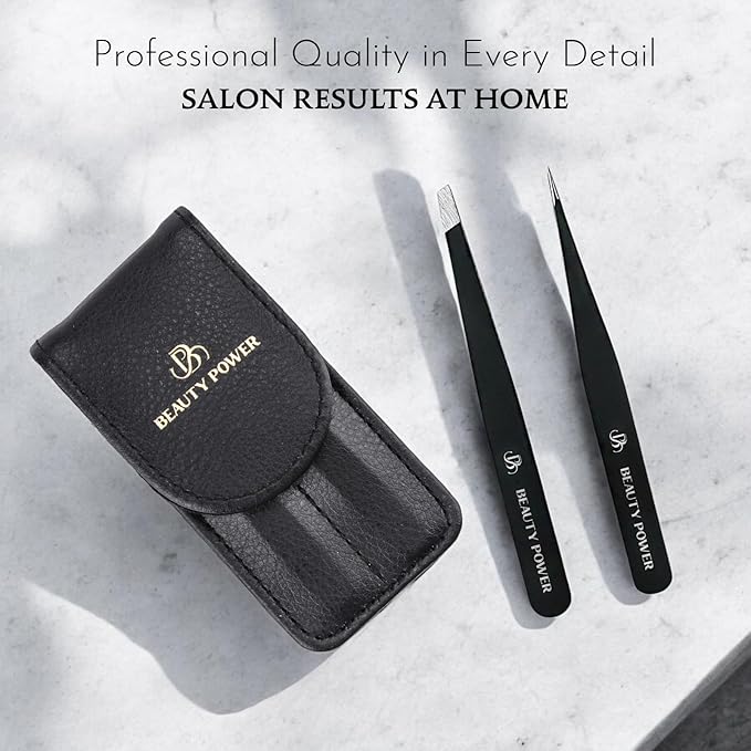Precision Tweezers for Women Facial Hair & Men - Professional Tweezers Set with Slant & Point Tips, German Stainless Steel, PU Leather Travel Case, Lightweight & Ultra Precision Black