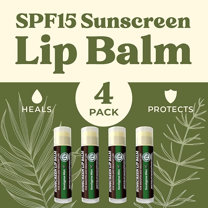 Earth's Daughter SPF Lip Balm Eucalyptus Mint Stocking Stuffers 4-Pack - Lip Sunscreen, SPF 15, Organic Ingredients, Beeswax, Coconut Oil, Vitamin E - Hypoallergenic, Gluten Free