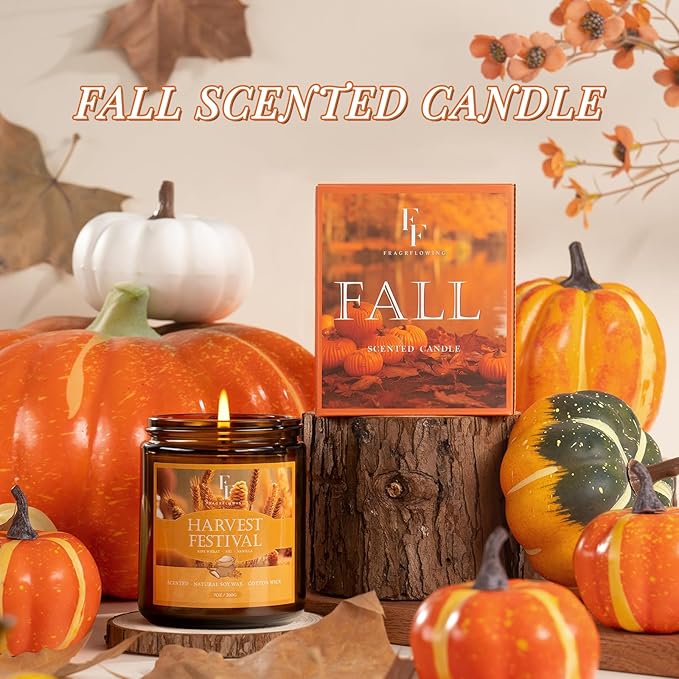 Fall Candle, Harvest Festival Scented Candles for Home, Natural Soy Autumn Candle Aromatherapy Candle, 7 oz Jar Candles Fall Gifts for Women Men