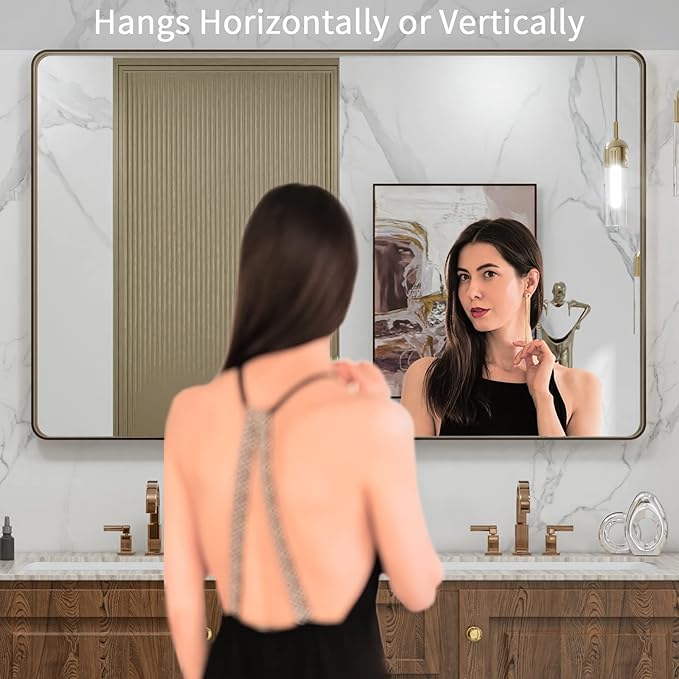 LOAAO 48”X30” Bronze Bathroom Mirrors for Vanity, Rounded Rectangle Brushed Bronze Metal Frame Mirror, Anti-Rust, Tempered Glass, Hangs Horizontally or Vertically