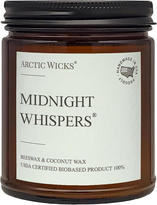 Midnight Whispers Scented Candle | 9oz Amber Jar | Arctic Wicks Non-Toxic Coconut & Beeswax Candles | Hand-Poured Clean Burning Candle | Rich Sandalwood Scent | 100% USDA Biobased