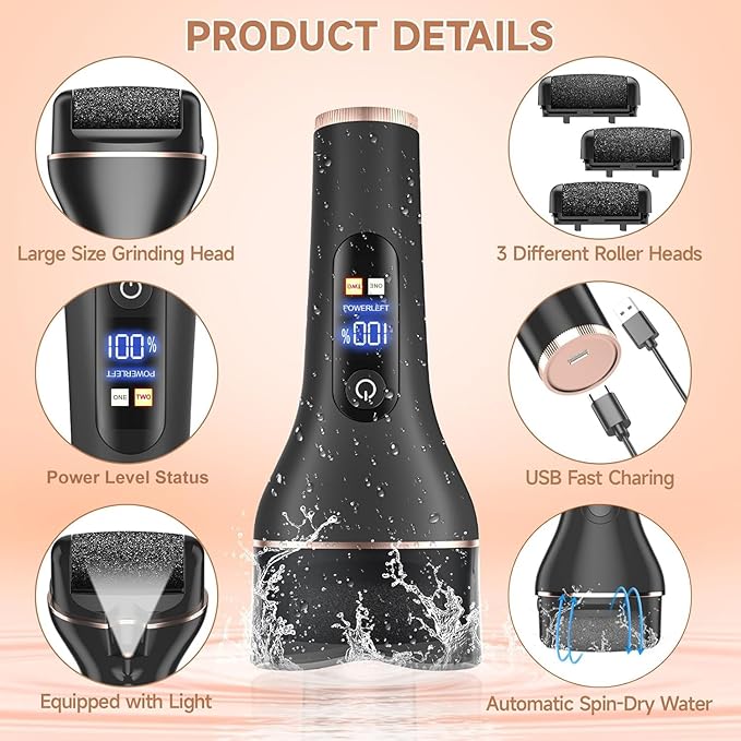 AdamPark Electric Callus Remover for Feet,Rechargeable & Waterproof Pedi File, 2-in-1 Wet/Dry Foot Scrubber for Hard Cracked Dead Skin, Portable Pedicure Tool with Professional Grinding Heads
