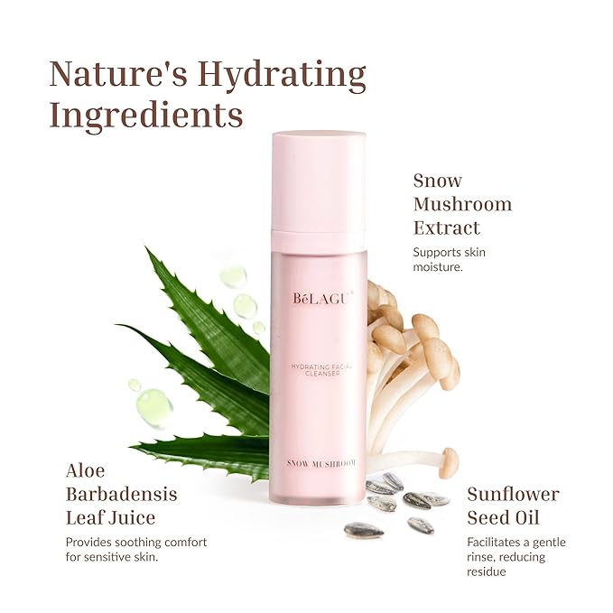 Hydrating Facial Cleanser with Squalane & Snow Mushroom | Gentle Face Wash for Makeup Removal & Soft, Hydrated Skin | Natural, Vegan (4.1 fl Oz)