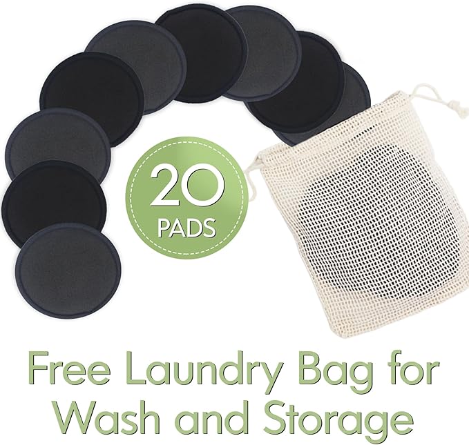 Reusable Makeup Removal Pads - 20 Pack with Laundry Bag - Soft Black Reusable Cotton Makeup Remover Pads for Face - Washable Bamboo Cotton Rounds