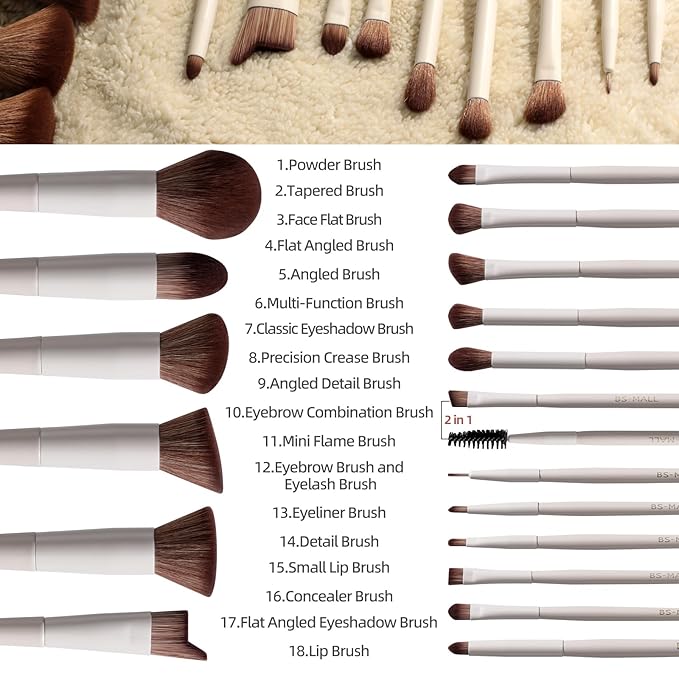 BS-MALL Professional Makeup Brush Set 18 Pcs Premium Synthetic Foundation Powder Concealers Eye Shadows Blush Makeup Brushes with Travel Case (Matte white beige)