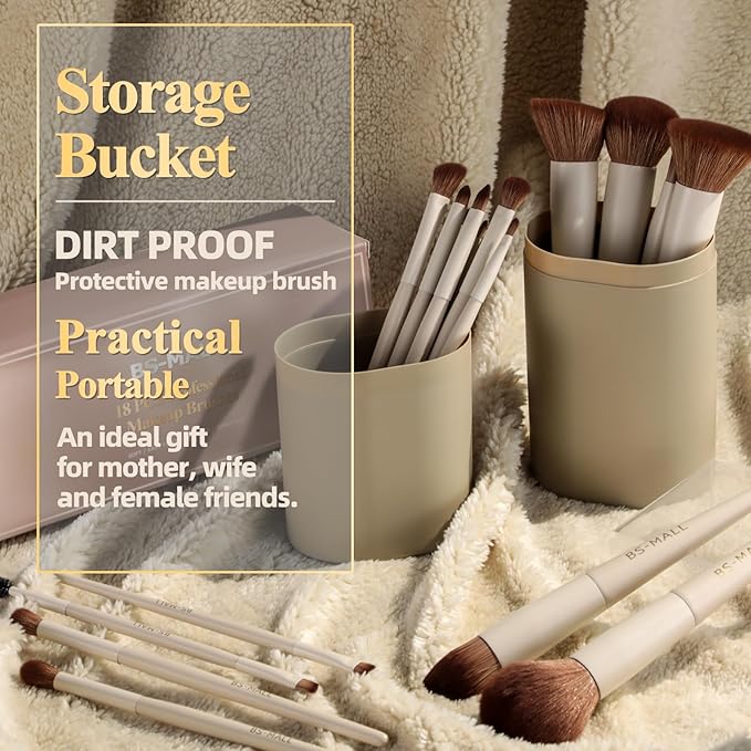 BS-MALL Professional Makeup Brush Set 18 Pcs Premium Synthetic Foundation Powder Concealers Eye Shadows Blush Makeup Brushes with Travel Case (Matte white beige)