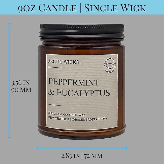 Arctic Wicks Scented Coconut Beeswax Candles | Coconut Beeswax Non Toxic Candle 9oz Amber | Farmhouse Candles Non-Toxic Clean Burn 100% USDA Certified Biobased (Peppermint & Eucalyptus)