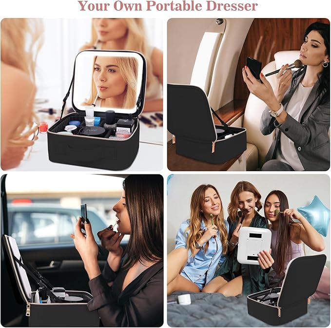 Makeup Case with LED Mirror,Makeup Organizer Bag Travel Makeup Case Large Makeup Bag With Rechargeable Mirror 3 Color Lights Detachable Mirror for Women Beauty Tools Accessories（Black）