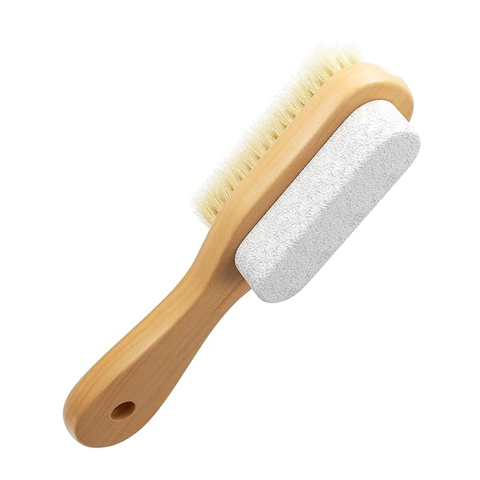 Foot Natural Bristle Brush & Pumice Stone Combo W/Rope wooden handle - Exfoliator Pedicures Calluses Remover - Smoother Body skin, feet, elbow Scrubber for Massage SPA Sauna and more