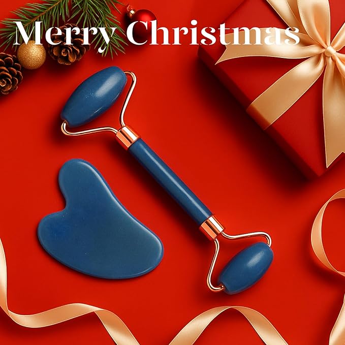 BAIMEI IcyMe Jade Face Roller & Gua Sha, Facial Beauty Roller Skin Care Tools, Self Care Gift for Men Women, Massager for Face, Eyes, Neck, Relieve Fine Lines and Wrinkles - Blue