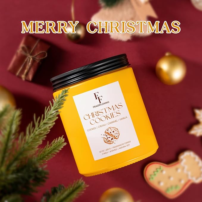 Large Christmas Candle Christmas Cookies Scented, 3-Wick 22oz Long Lasting Scented Candle, Natural Soy Wax Aromatherapy Candle for Home, Holiday Candle Gifts for Women Men