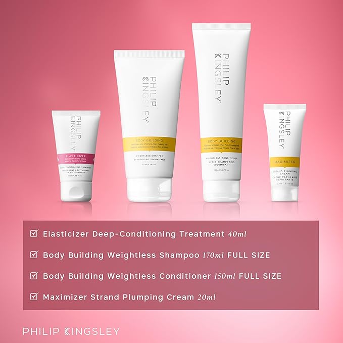 Philip Kingsley Retro Christmas Collection Mega Volume - Elasticizer Deep-Conditioning Hair Mask Treatment, Body Building Volumizing Shampoo and Conditioner Set, Maximizer Strand Plumping Cream