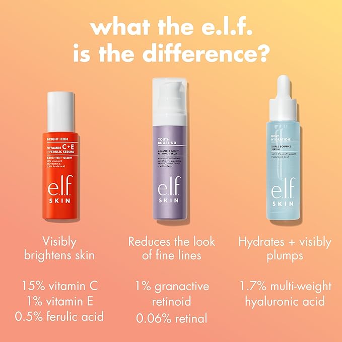 e.l.f. SKIN Bright Icon Vitamin C + E + Ferulic Serum, Brightening & Soothing Face Serum, Helps Even Skin Tone, Vegan & Cruelty-Free, 1 fl oz
