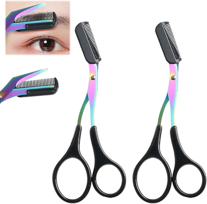 6 Pcs Eyebrow Trimmer Scissors with Comb, Curved Eye Brow Razor, Non-Slip Stainless Steel Facial Hair Removal Grooming, Brow Shaping Beard Shaving Kit Beauty Accessories for Women Men (Black)