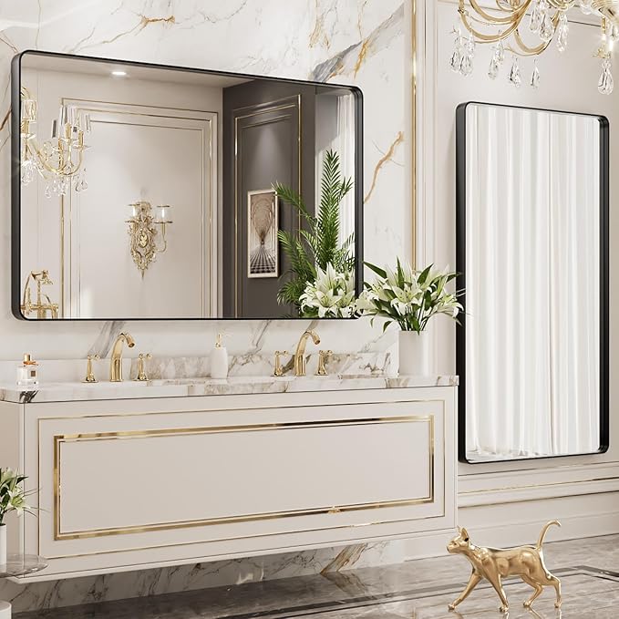 LOAAO 40x24 Inch Black Metal Framed Bathroom Mirror for Wall, Matte Black Bathroom Vanity Mirror Farmhouse, Large Rounded Rectangle Mirror, Anti-Rust, Hangs Horizontally or Vertically