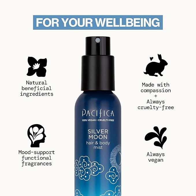 Pacifica Silver Moon Hair Mist Perfume & Full Body Spray for Women - Body Mist Fragrance w/BTonka, Santal, Cardamom, Vanilla Bean, Musk & Amber – Clean Beauty Alcohol-Free, Vegan & Cruelty-Free, 5 oz