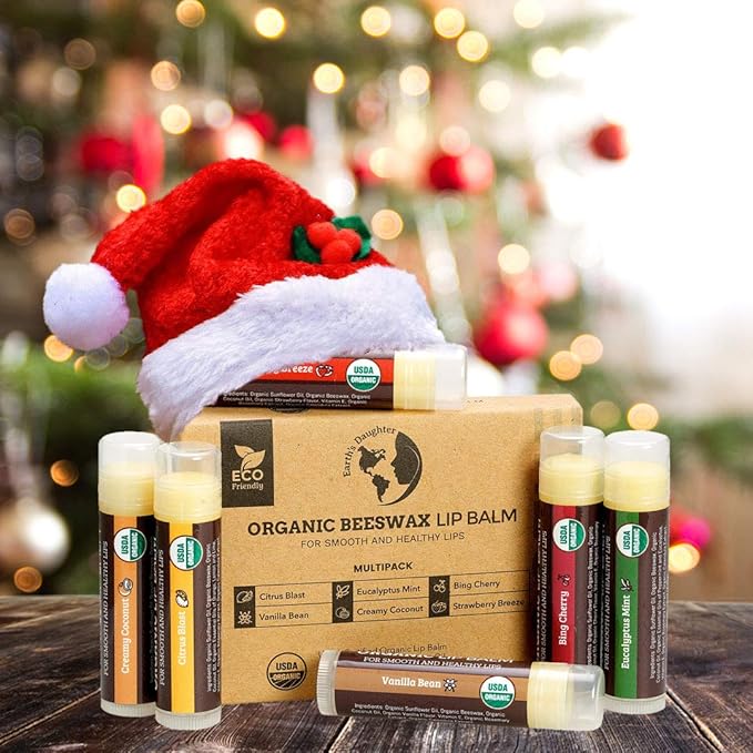 Earth's Daughter USDA Organic Lip Balm 6-Pack Stocking Stuffers - Fruit Flavors, Beeswax, Coconut Oil, Vitamin E - Best Lip Repair Chapstick for Dry Cracked Lips - Moisturizing Lip Care