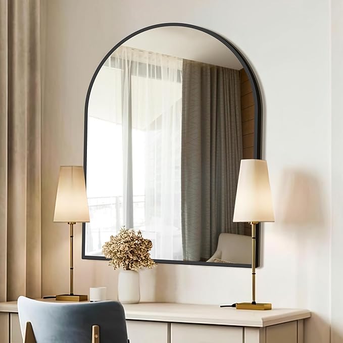 FICTOR Bathroom Vanity Mirror for Wall,40”x30” Large Arched Metal Framed Bathroom Mirror for Over Sink,Entryway, Living Room & Bedroom(Black)
