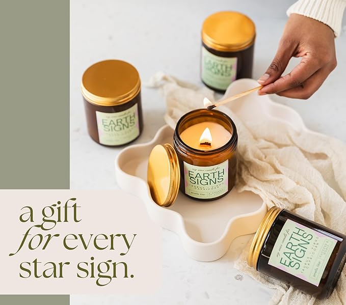 Aquarius, Gemini, Libra Gifts for Women - Wood Wick Candles, 4 Pack Small Candles Set for Women. 6oz Natural Soy Wax, Scented Aromatherapy Set for Home. Zodiac Astrology Birthday Spiritual Gifts