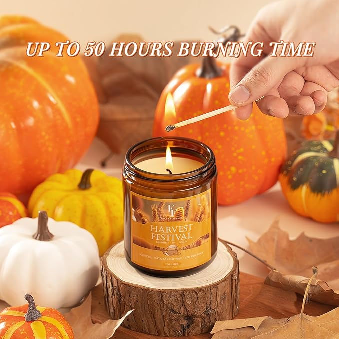 Fall Candle, Harvest Festival Scented Candles for Home, Natural Soy Autumn Candle Aromatherapy Candle, 7 oz Jar Candles Fall Gifts for Women Men