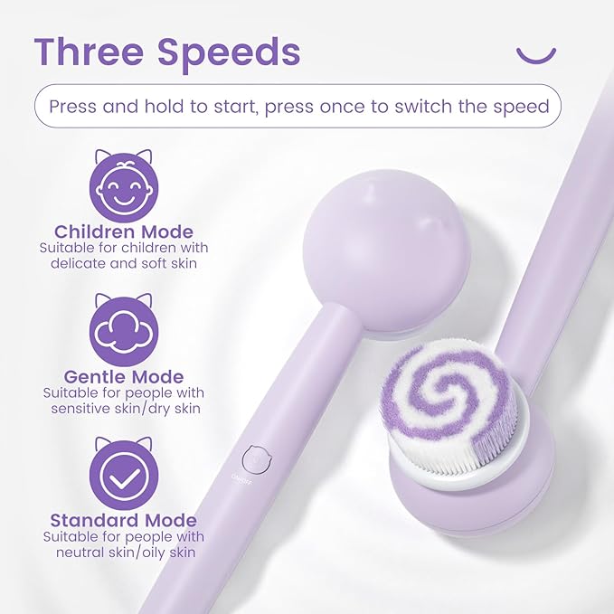 Electric Back Scrubber for Shower Body Brush, Waterproof Shower Body Scrubber for Cleansing, Massaging, Rechargeable Spinning Bath Brush for Kids with 2 Heads & 3 Speed Modes, Taro Purple XY0
