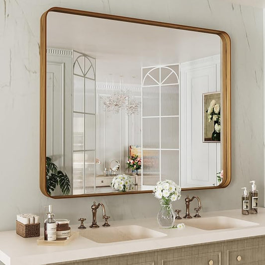 LOAAO 40X36 Inch Bathroom Mirror with Wood Grain Colored Metal Frame, Rounded Rectangle Metal Framed Bathroom Mirror, Anti-Rust, Hangs Horizontally or Vertically, Tempered Glass