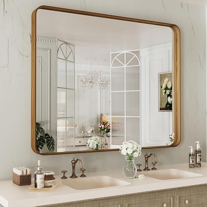 LOAAO 40X32 Inch Bathroom Mirror with Wood Grain Colored Metal Frame, Rounded Rectangle Metal Framed Bathroom Mirror, Anti-Rust, Hangs Horizontally or Vertically, Tempered Glass