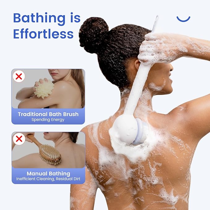Electric Back Scrubber for Shower Body Brush, Waterproof Shower Body Scrubber for Cleansing, Massaging, Rechargeable Bath Brush for Kids with 2 Heads & 3 Speed Modes, Coconut Milk White XY0