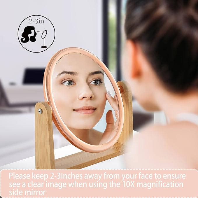 YEAKE Double Sided 10X Magnifying Makeup Mirror with Bamboo Stand,Small Desk Table Mirror with 360° Rotation,Standing Portable Cosmetic Mirror,Good for Tabletop,Traveling(Rose Gold,Oval)