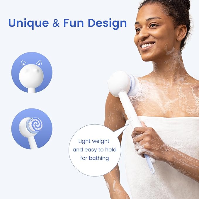 Electric Back Scrubber for Shower Body Brush, Waterproof Shower Body Scrubber for Cleansing, Massaging, Rechargeable Bath Brush for Kids with 2 Heads & 3 Speed Modes, Coconut Milk White XY0