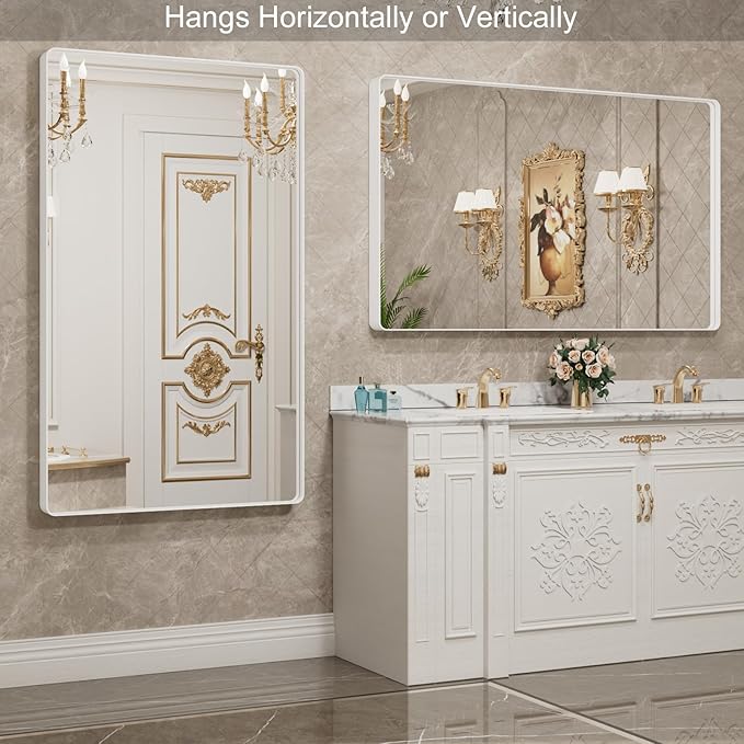 LOAAO 55x36 Inch White Metal Framed Bathroom Mirror for Wall, White Bathroom Vanity Mirror Farmhouse, Large Rounded Rectangle Mirror, Anti-Rust, Tempered Glass, Hangs Horizontally or Vertically
