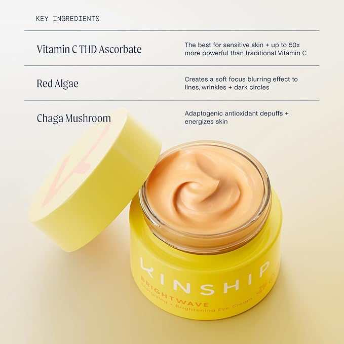 Kinship Brightwave Vitamin C Under Eye Brightener Cream for Sensitive Skin | Dark Circles Under Eye Treatment | Diminishes Fine Lines | Hydrating Eye Cream w/Antioxidants | Fragrance Free, (0.5 Oz)
