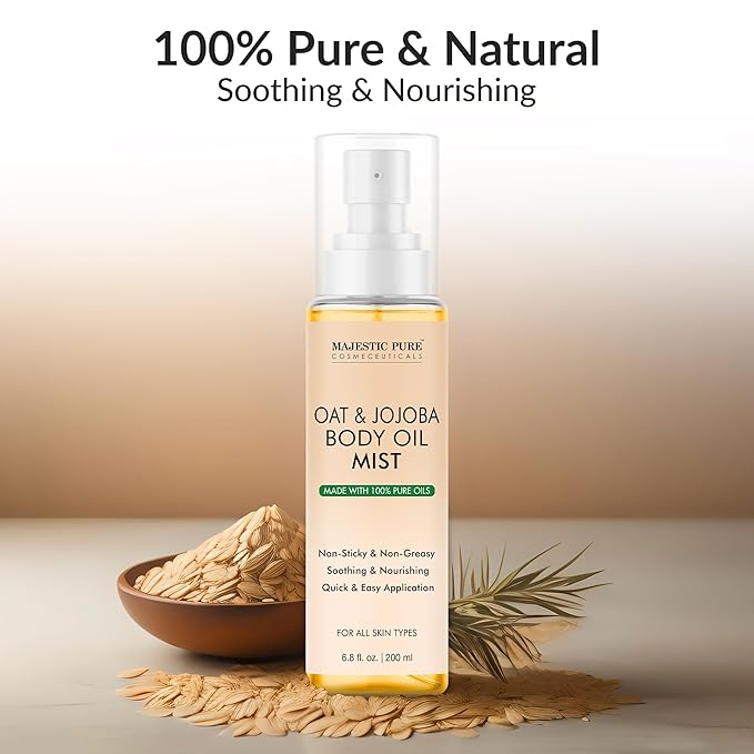 Majestic Pure Oat & Jojoba Oil Body Mist- 100% Pure & Natural - After Shower Body Oils for Women and Men - Scented, Radiant, Skin Therapy Firming Massage Oil - 6.8 Fl Oz