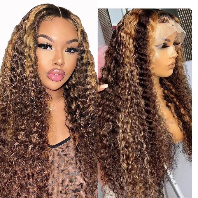 Highlight Ombre Lace Front Wigs Human Hair Honey Blonde Deep Wave 13x6 HD Transparent Lace Frontal Wigs Human Hair P4/27 Colored Curly Wig for Women 180% Density Glueless Pre Plucked 28 Inch Wig