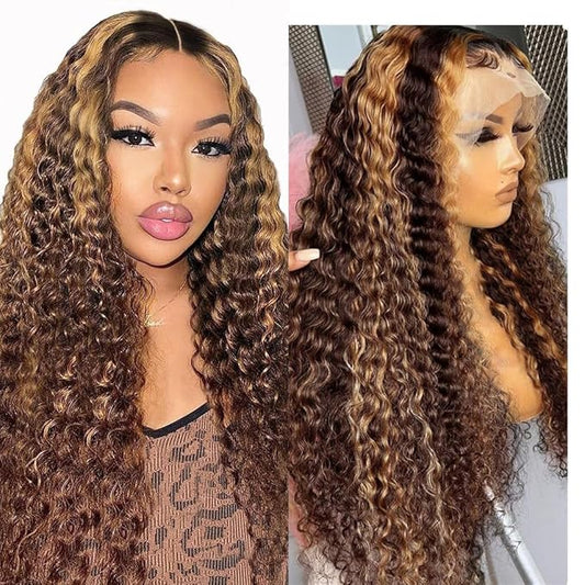 Highlight Ombre Lace Front Wigs Human Hair Honey Blonde Deep Wave 13x6 HD Transparent Lace Frontal Wigs Human Hair P4/27 Colored Curly Wig for Women 180% Density Glueless Pre Plucked 28 Inch Wig