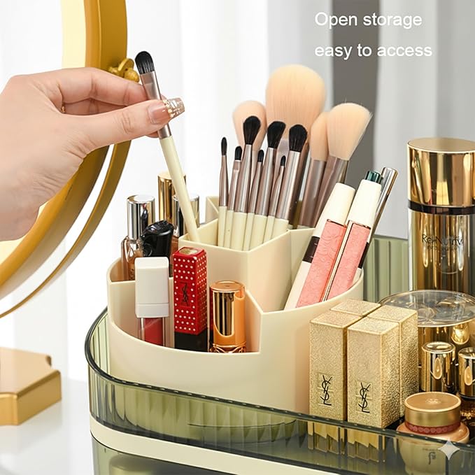 Large Plastic Makeup Organizer with Rotating Brush Holder for Vanity - Bathroom Countertop Skin Care Storage, Easy for Lipsticks, Nail Polishes, Perfumes & Eyeshadow Palettes