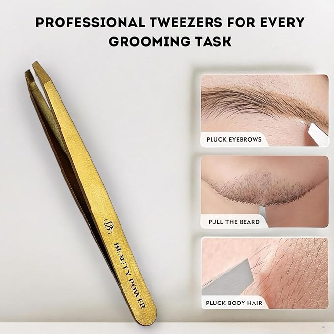 Ultra-Precision Professional Slant Tweezers for Women Facial Hair - German Stainless Steel, Lightweight Black Tweezers for Women & Men, Ideal for Eyebrow & Facial Grooming (Matte Gold)