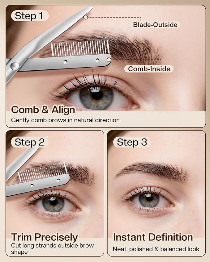 Eyebrow Scissors for Women, Stainless Steel Beauty Scissors with Comb, Precision Trimming Tool for Brows & Facial Hair, Sharp Blades with Safety Guard, Compact & Travel-Friendly (Yellow)